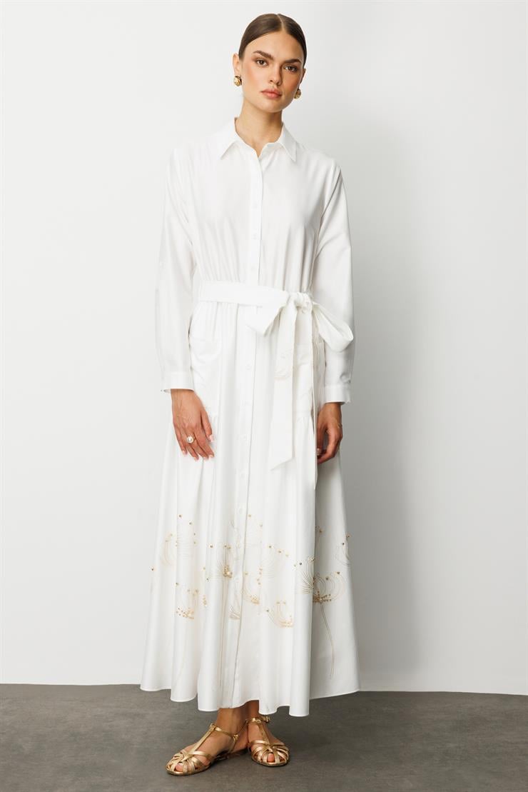 Modailgi  Etek Ucu Nakış ve İşlemeli Beli Lastikli Kuşaklı Safari Kol Uzun Elbise Ekru