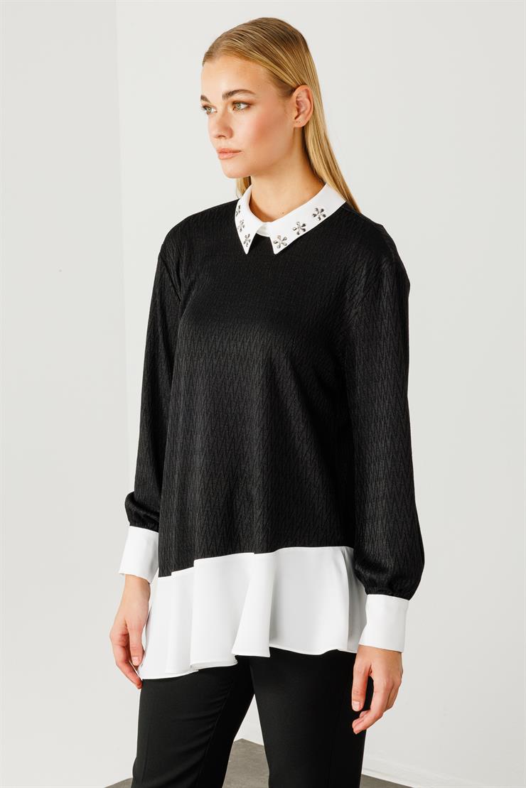 Modailgi  Etek Ucu Volanlı Erkek Yaka Tunik Siyah