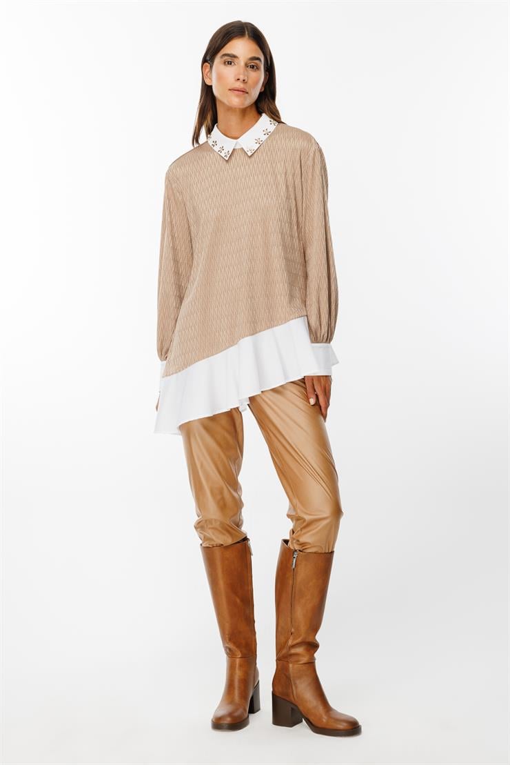 Modailgi  Etek Ucu Volanlı Erkek Yaka Tunik Camel