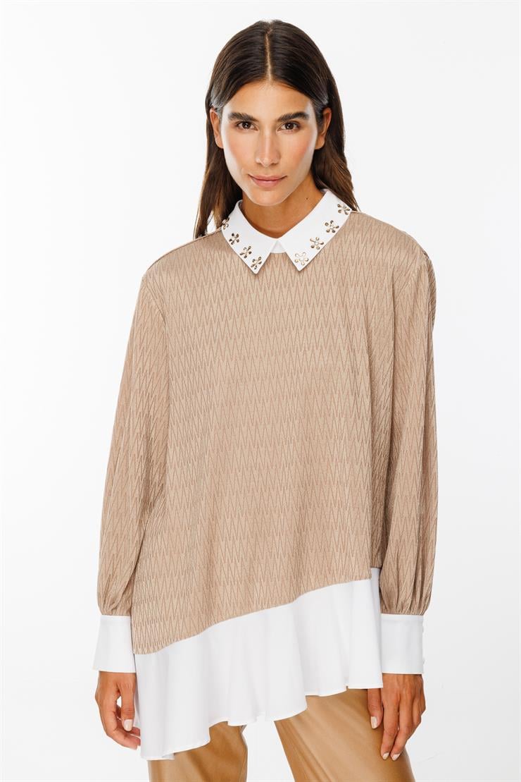 Modailgi  Etek Ucu Volanlı Erkek Yaka Tunik Camel