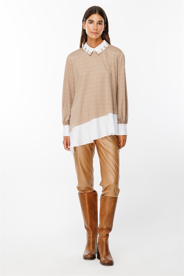 Modailgi  Etek Ucu Volanlı Erkek Yaka Tunik Camel