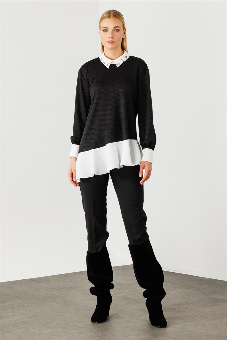 Modailgi  Etek Ucu Volanlı Erkek Yaka Tunik Siyah