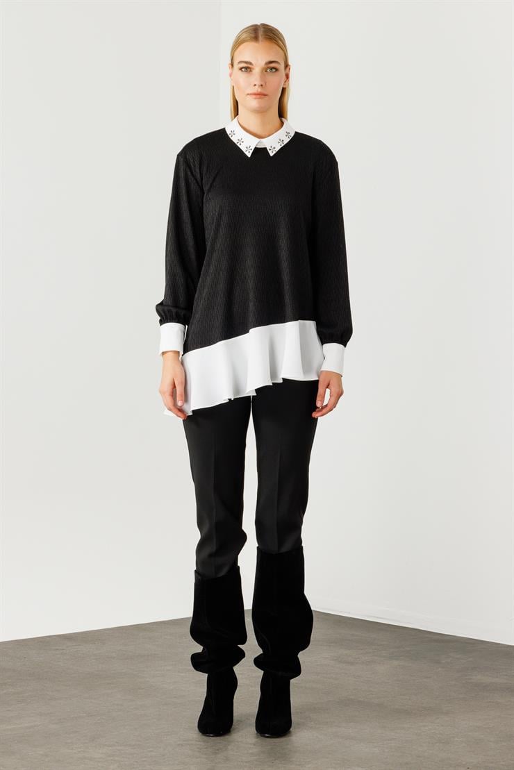 Modailgi  Etek Ucu Volanlı Erkek Yaka Tunik Siyah