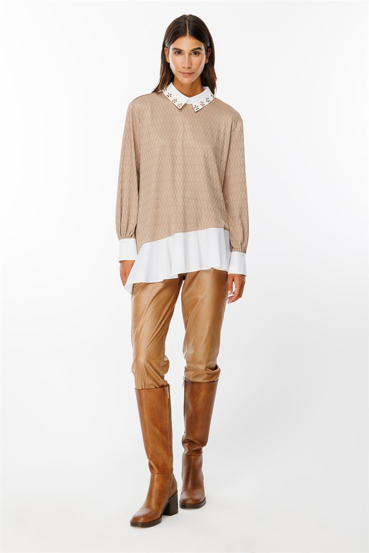 Modailgi  Etek Ucu Volanlı Erkek Yaka Tunik Camel