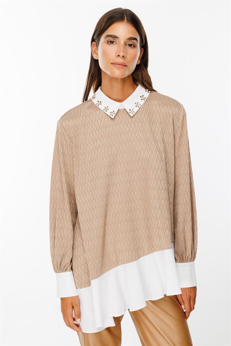 Modailgi  Etek Ucu Volanlı Erkek Yaka Tunik Camel