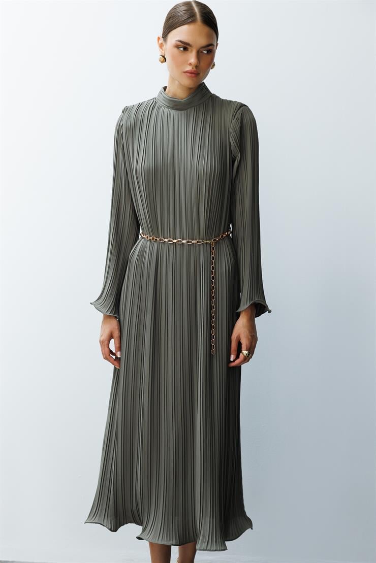 Modailgi  Etek ve Kol Ucu Volanlı Pliseli Zincir Kemerli Midi Boy Elbise Haki