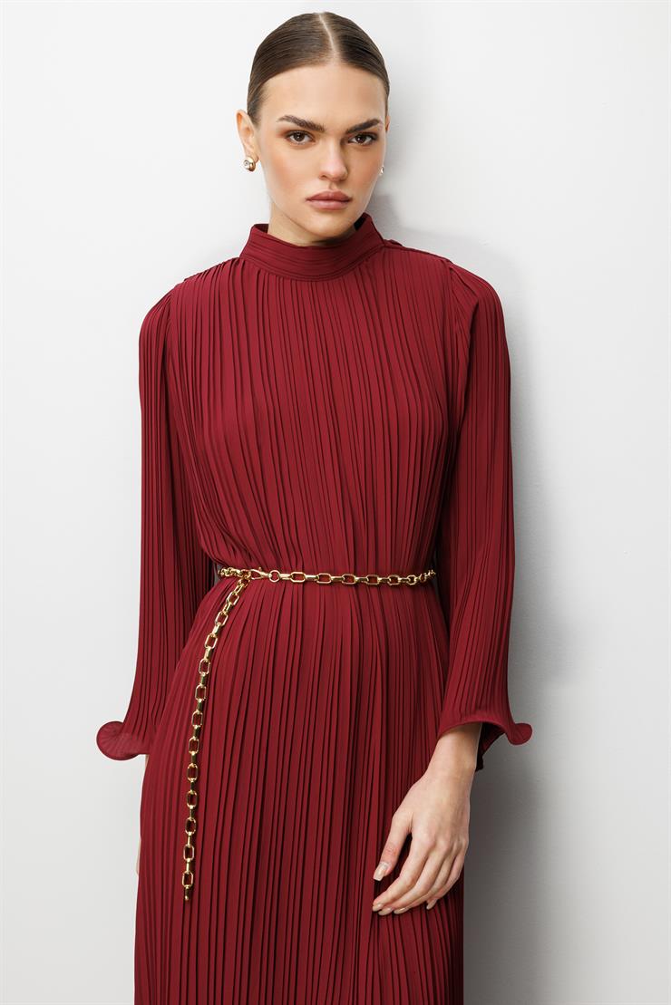 Modailgi  Etek ve Kol Ucu Volanlı Pliseli Zincir Kemerli Midi Boy Elbise Bordo