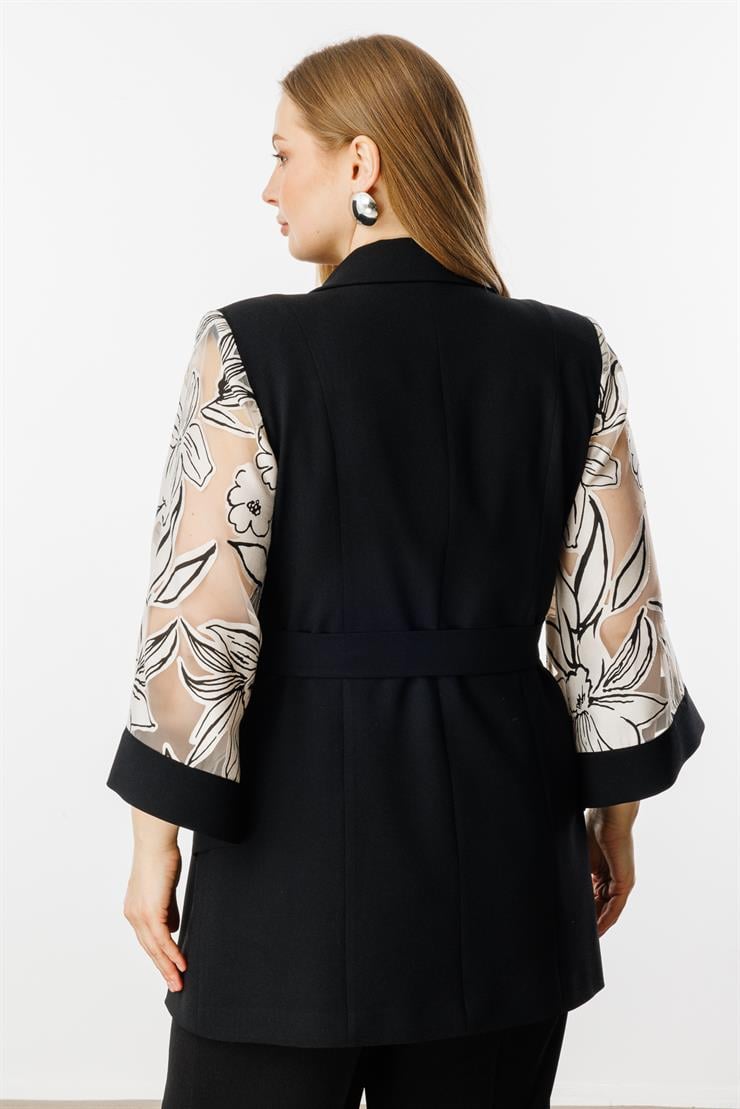 Modailgi  Evaze Kol Desenli Uzun Ceket Siyah