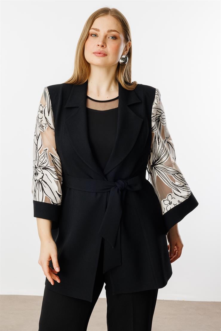 Modailgi  Evaze Kol Desenli Uzun Ceket Siyah