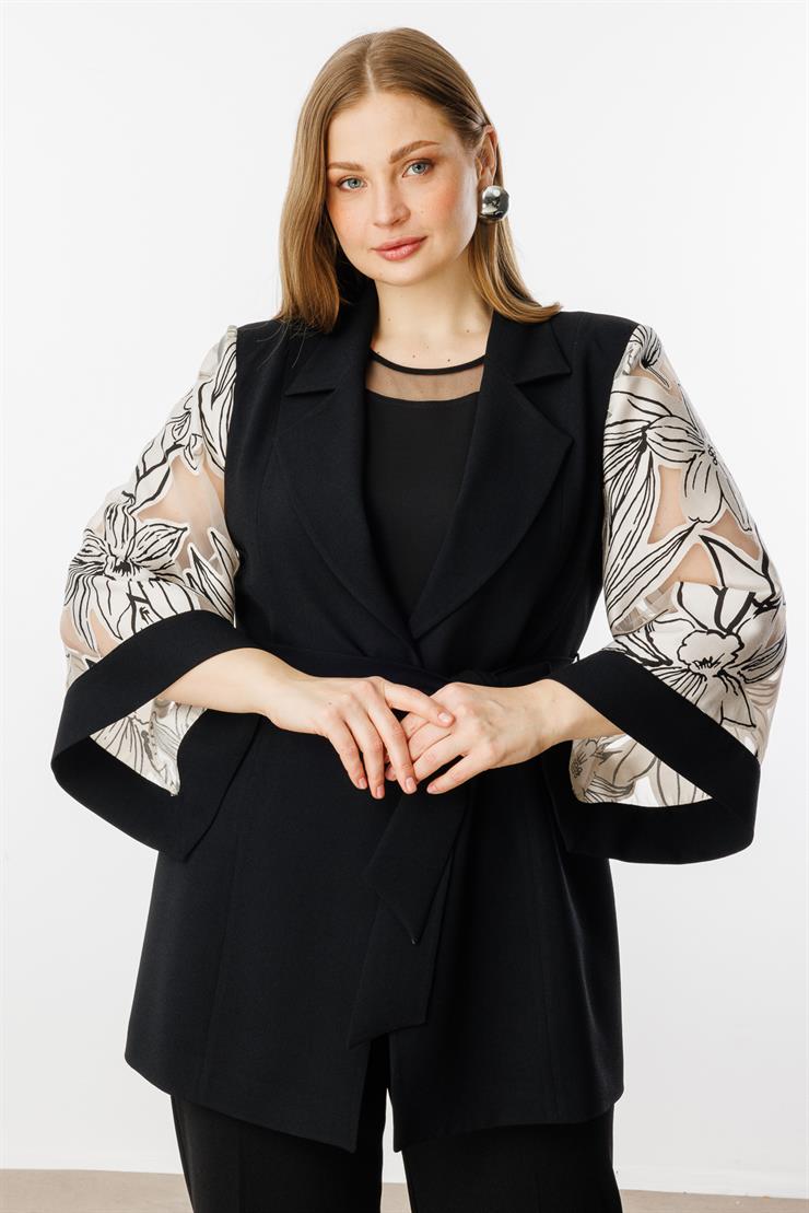 Modailgi  Evaze Kol Desenli Uzun Ceket Siyah