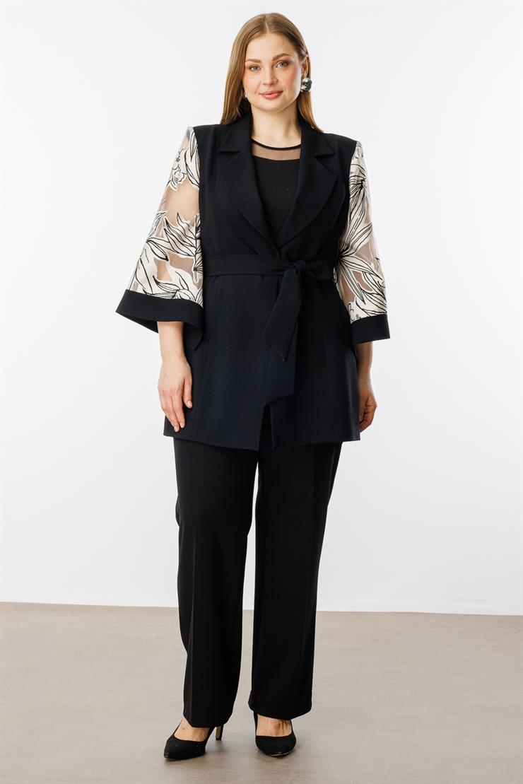 Modailgi  Evaze Kol Desenli Uzun Ceket Siyah