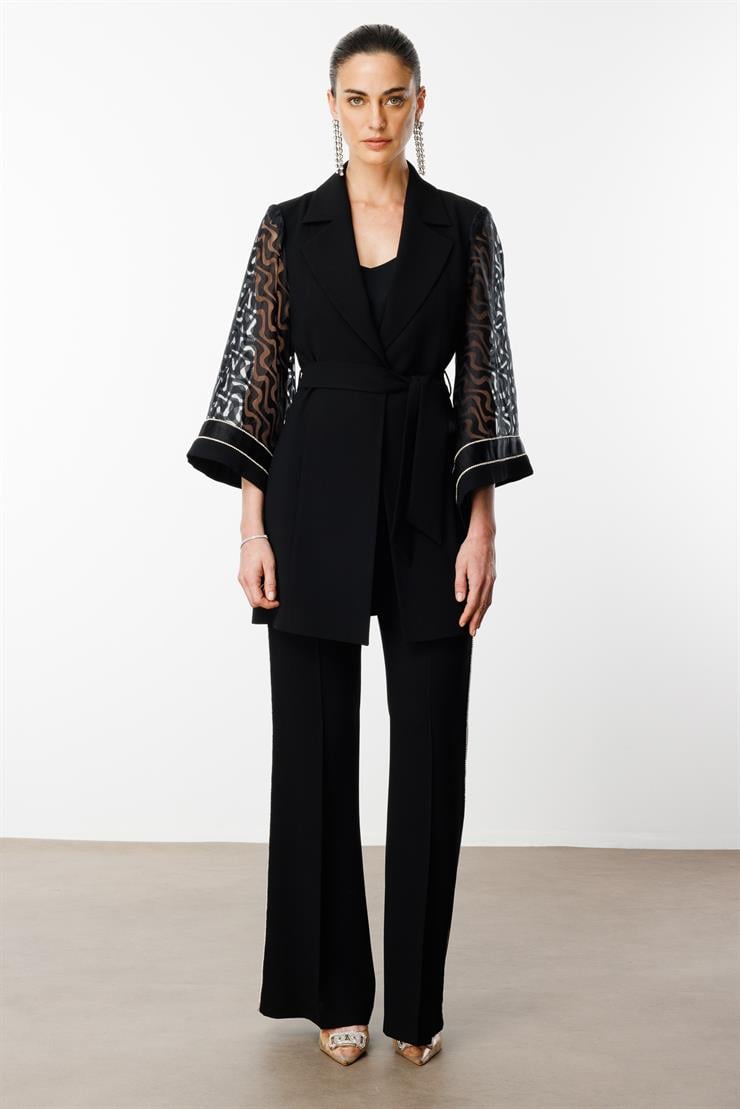 Modailgi  Evaze Kol Şerit Taş Aksesuarlı Uzun Ceket - 40077 Siyah