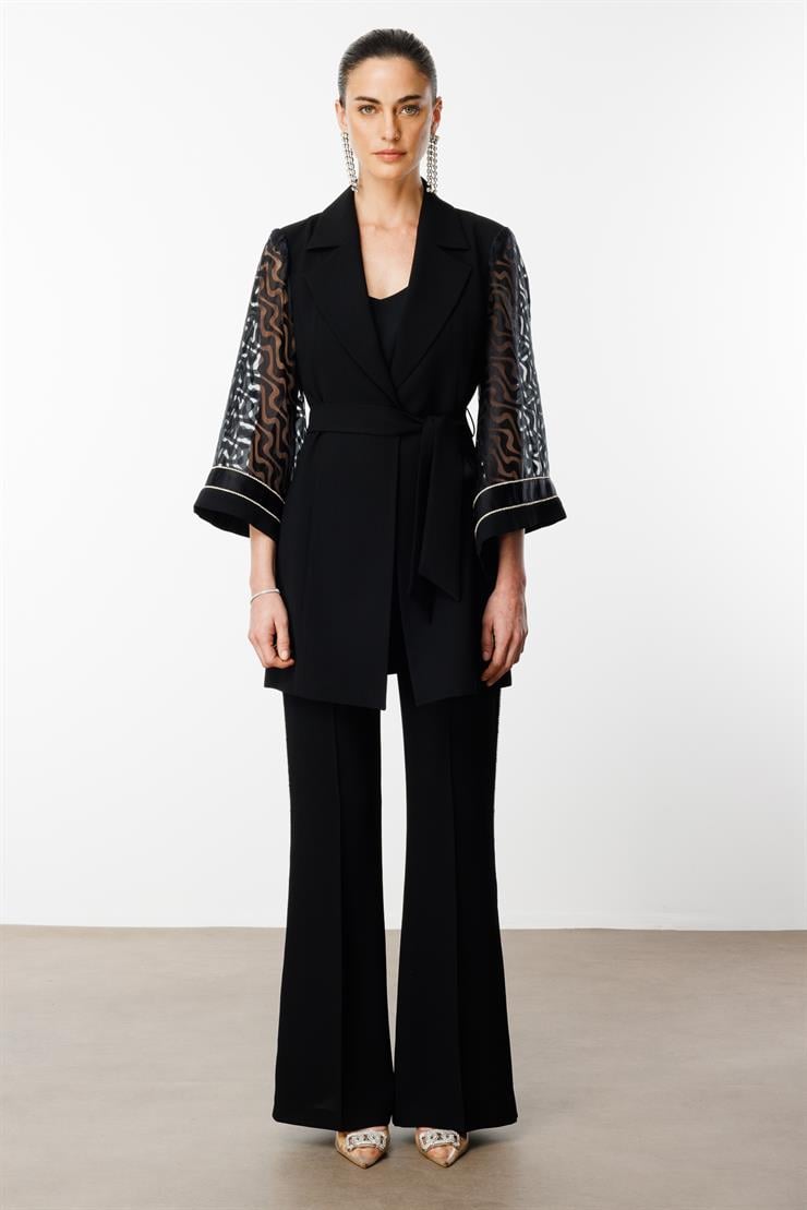 Modailgi  Evaze Kol Şerit Taş Aksesuarlı Uzun Ceket - 40077 Siyah