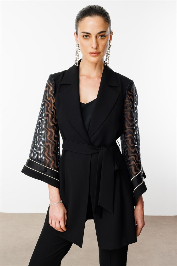 Modailgi  Evaze Kol Şerit Taş Aksesuarlı Uzun Ceket - 40077 Siyah
