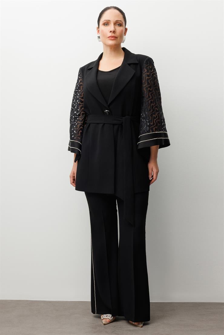 Modailgi  Evaze Kol Şerit Taş Aksesuarlı Uzun Ceket Siyah