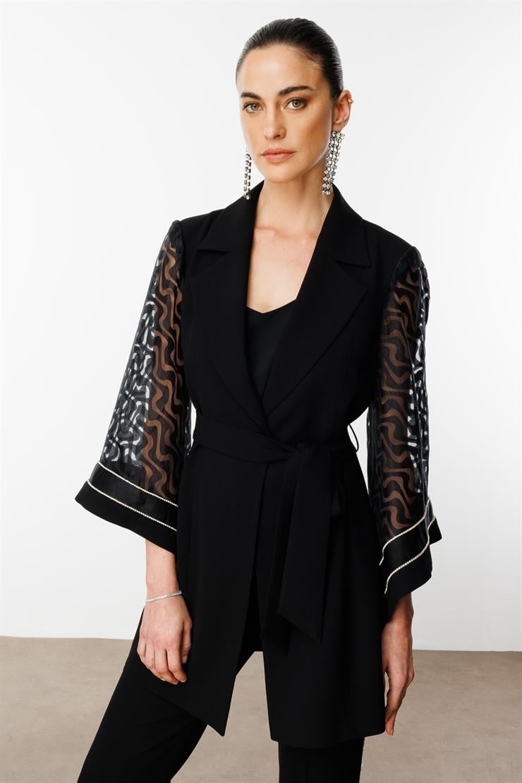 Modailgi  Evaze Kol Şerit Taş Aksesuarlı Uzun Ceket - 40077 Siyah