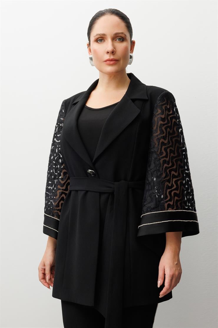 Modailgi  Evaze Kol Şerit Taş Aksesuarlı Uzun Ceket Siyah