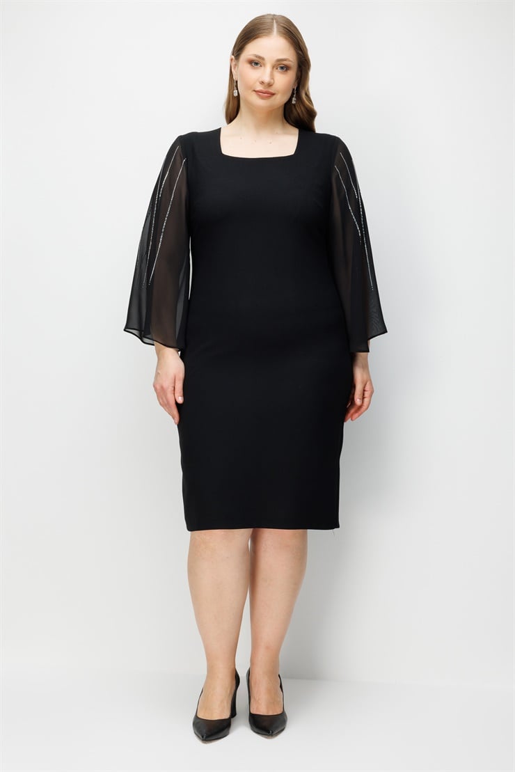 Modailgi  Evaze Kol Taş Detaylı Elbise Siyah