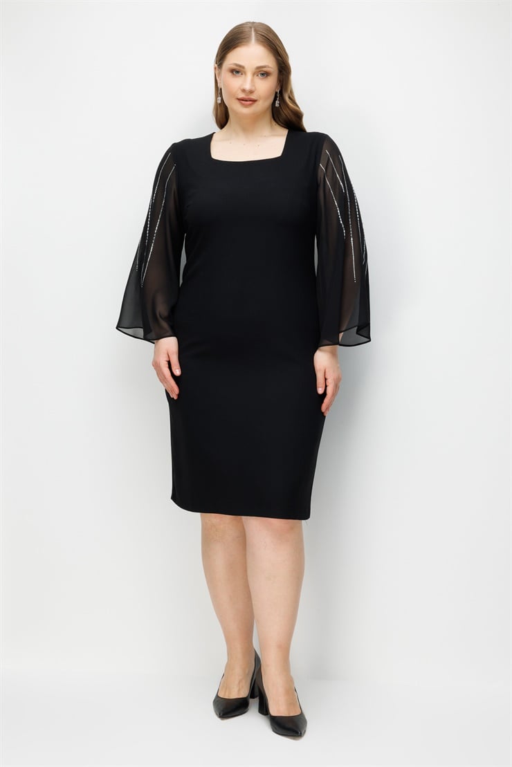 Modailgi  Evaze Kol Taş Detaylı Elbise Siyah