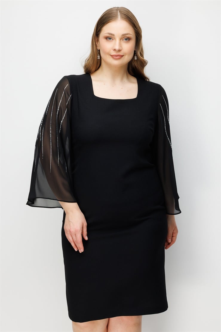 Modailgi  Evaze Kol Taş Detaylı Elbise Siyah