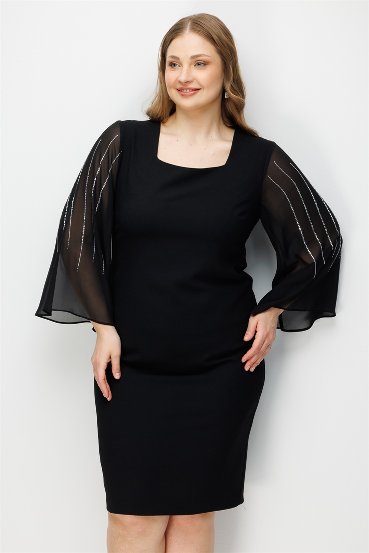 Modailgi  Evaze Kol Taş Detaylı Elbise Siyah