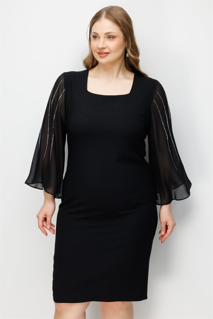 Modailgi  Evaze Kol Taş Detaylı Elbise Siyah