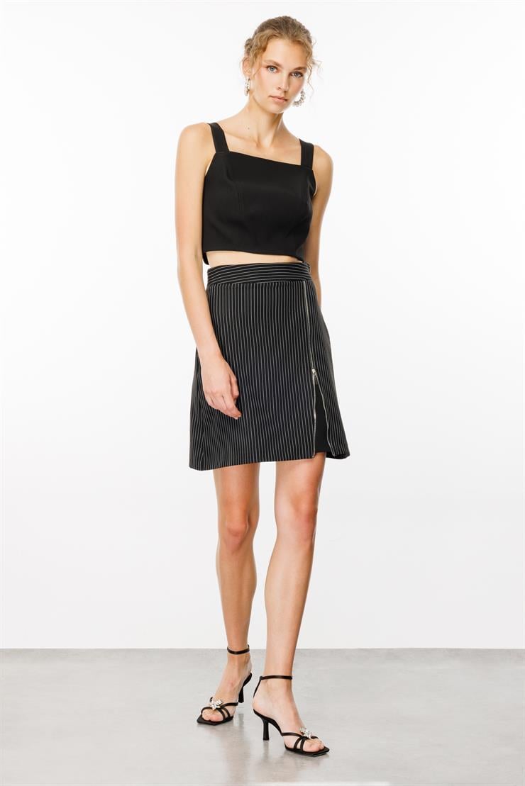 Modailgi  Fermuar Detaylı Yırtmaç Görünümlü Çizgili Çan Etek - 7548 Siyah