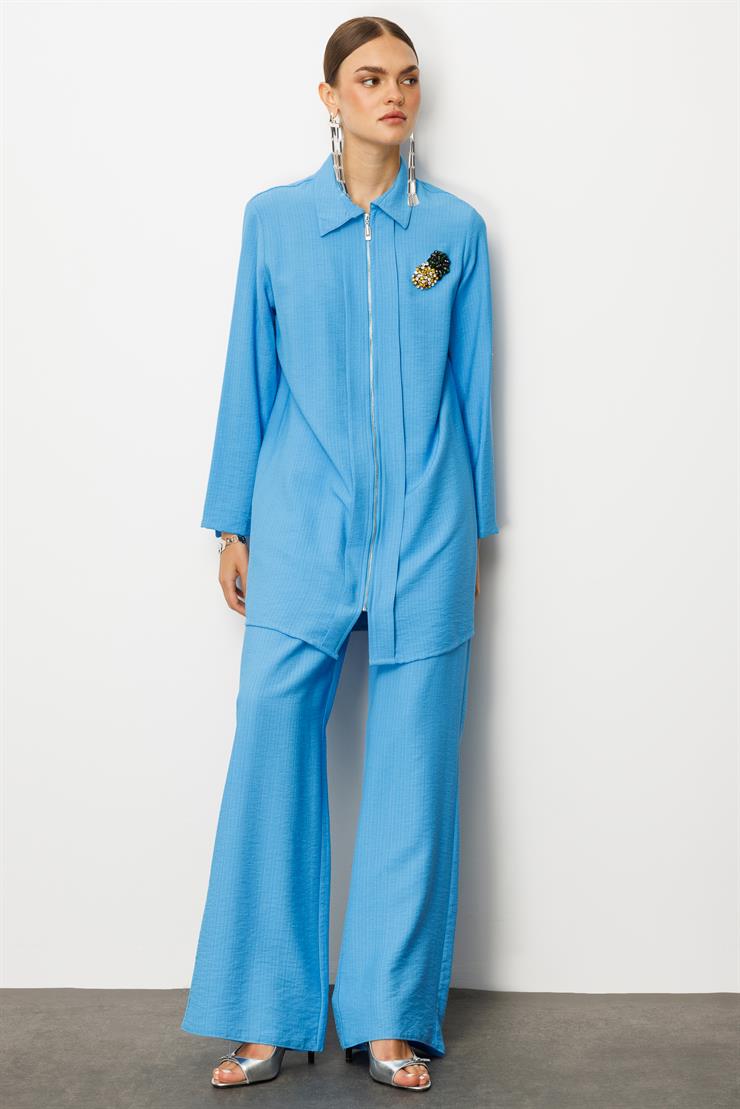 Modailgi  Fermuar Kapamalı Aksesuar Detaylı Safari Kol Tunik Mavi