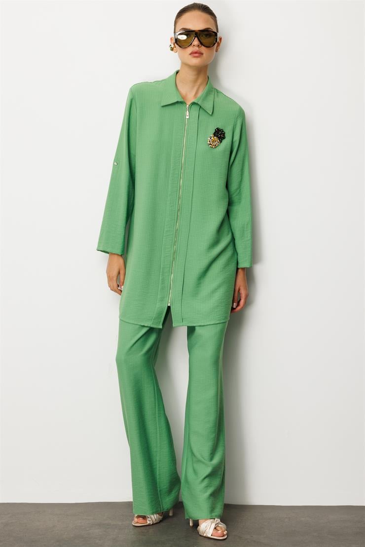 Modailgi  Fermuar Kapamalı Aksesuar Detaylı Safari Kol Tunik Yeşil