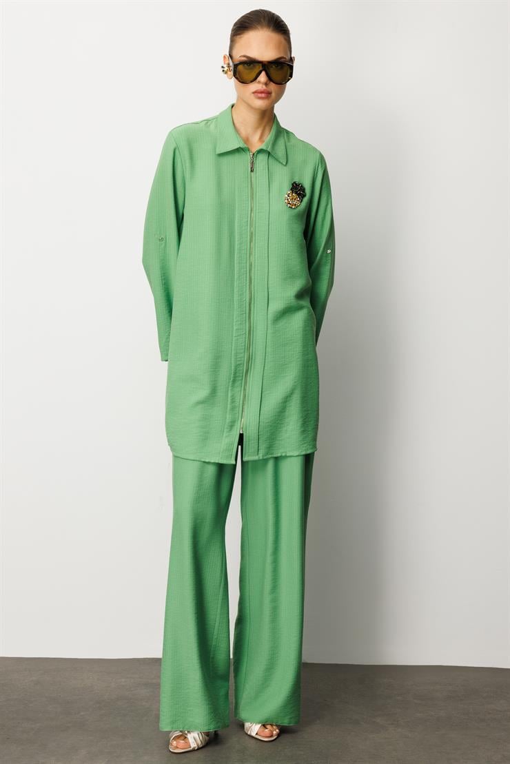 Modailgi  Fermuar Kapamalı Aksesuar Detaylı Safari Kol Tunik Yeşil