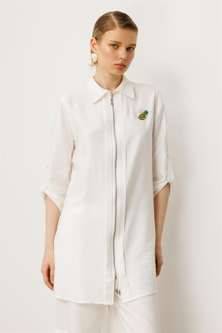 Modailgi  Fermuar Kapamalı Aksesuar Detaylı Safari Kol Tunik Ekru