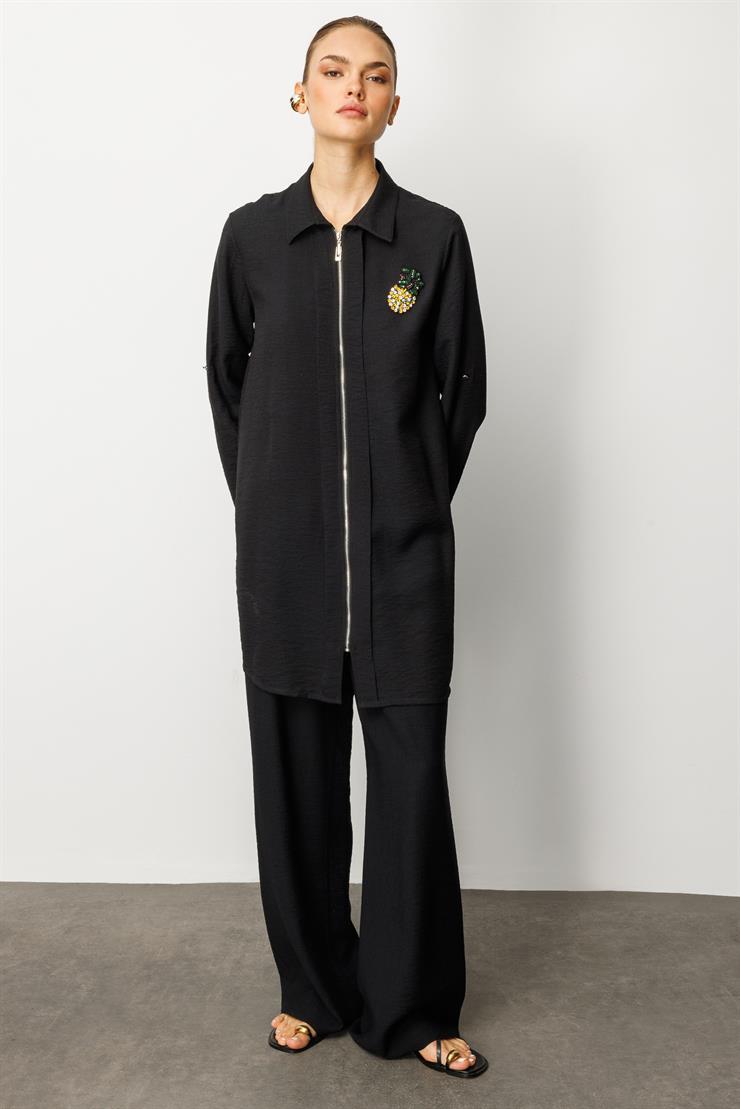 Modailgi  Fermuar Kapamalı Aksesuar Detaylı Safari Kol Tunik Siyah