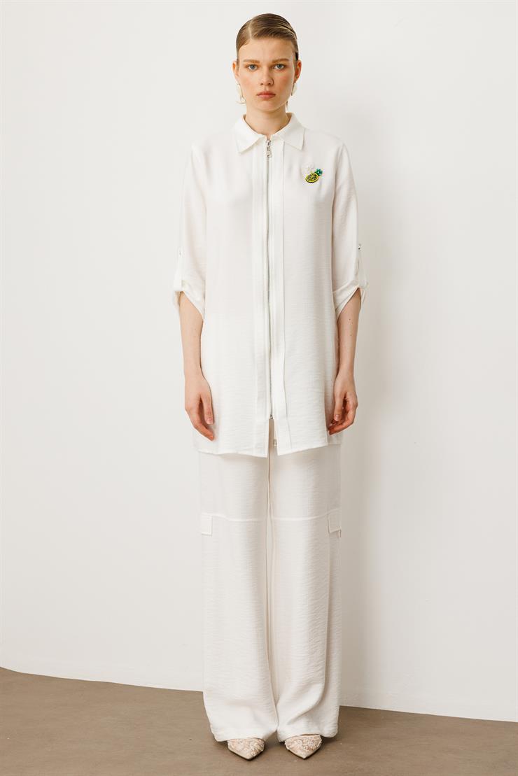 Modailgi  Fermuar Kapamalı Aksesuar Detaylı Safari Kol Tunik Ekru