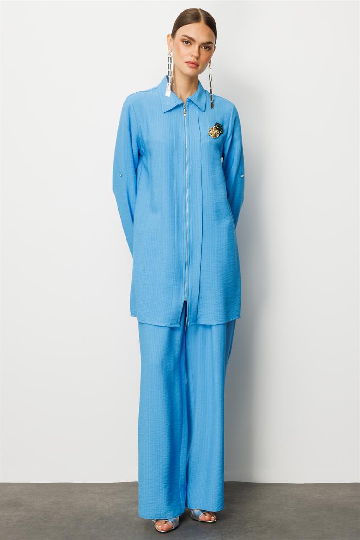 Modailgi  Fermuar Kapamalı Aksesuar Detaylı Safari Kol Tunik Mavi