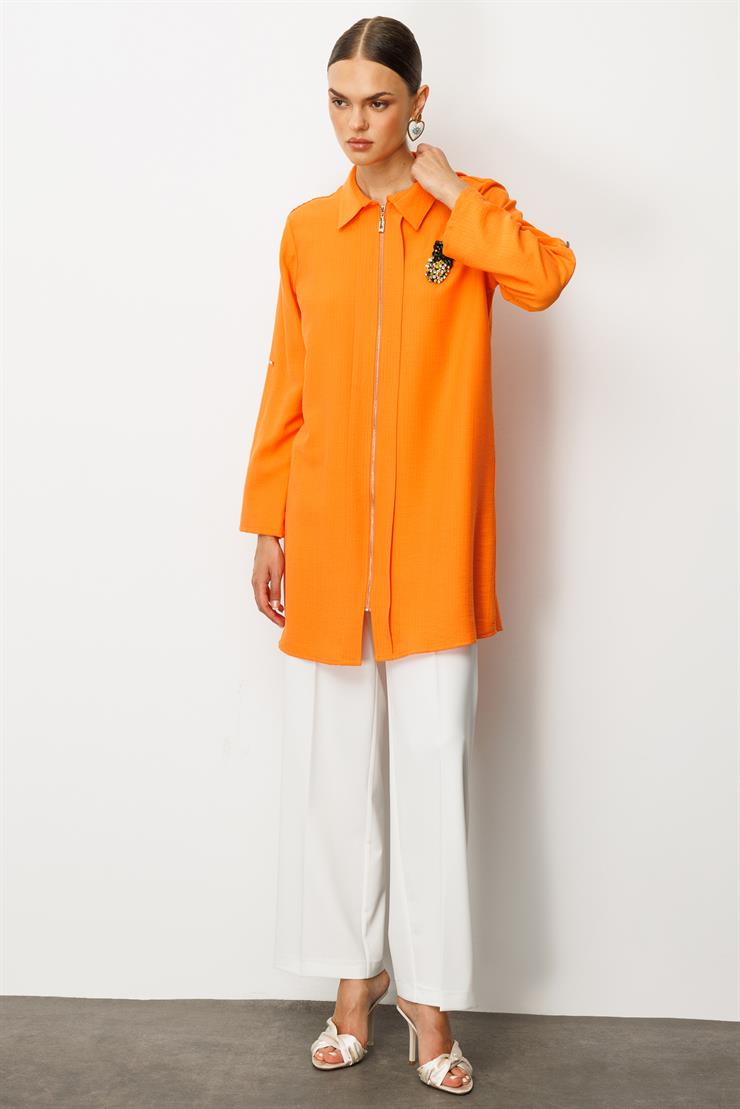 Modailgi  Fermuar Kapamalı Aksesuar Detaylı Safari Kol Tunik Orange