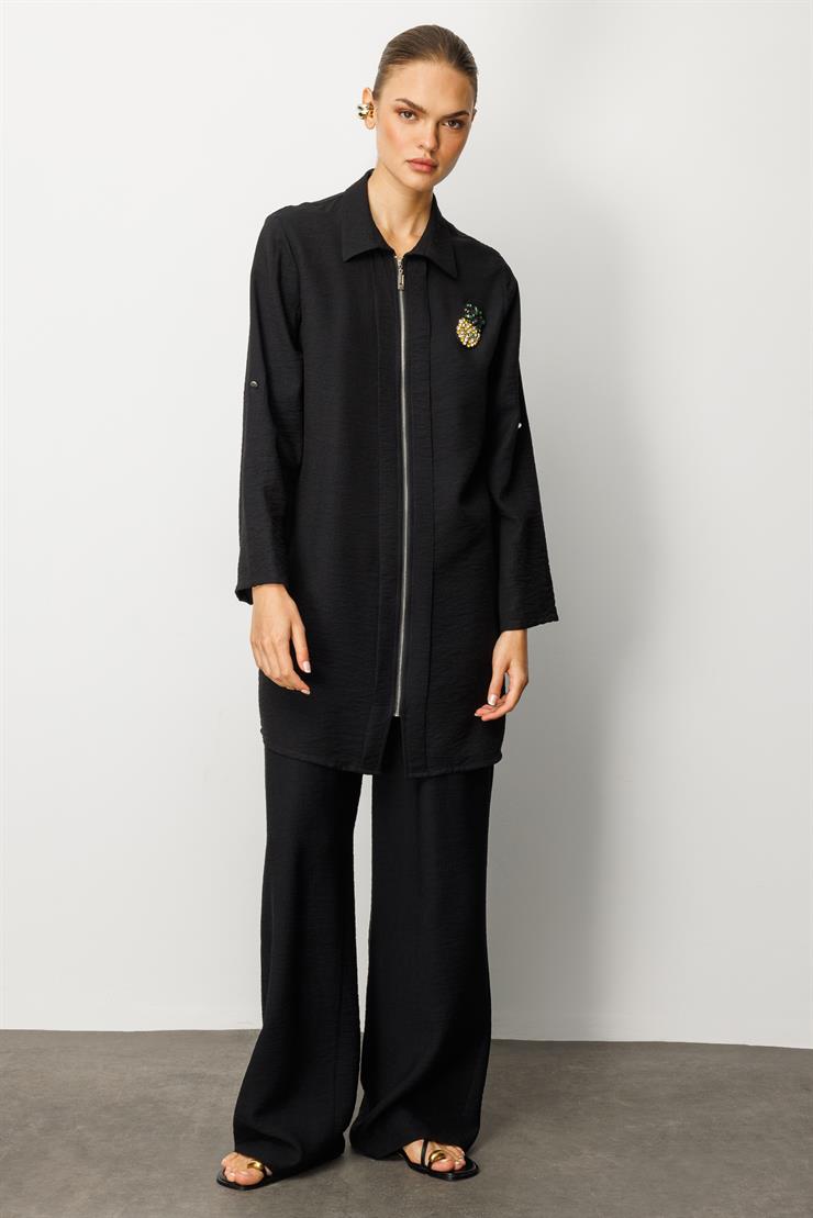 Modailgi  Fermuar Kapamalı Aksesuar Detaylı Safari Kol Tunik Siyah