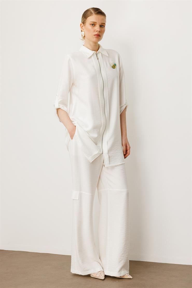 Modailgi  Fermuar Kapamalı Aksesuar Detaylı Safari Kol Tunik Ekru