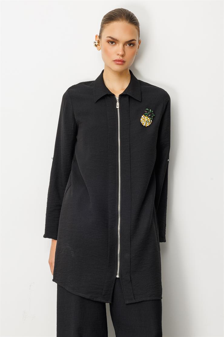 Modailgi  Fermuar Kapamalı Aksesuar Detaylı Safari Kol Tunik Siyah