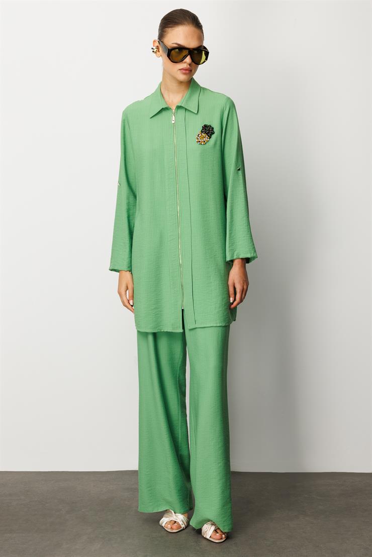 Modailgi  Fermuar Kapamalı Aksesuar Detaylı Safari Kol Tunik Yeşil