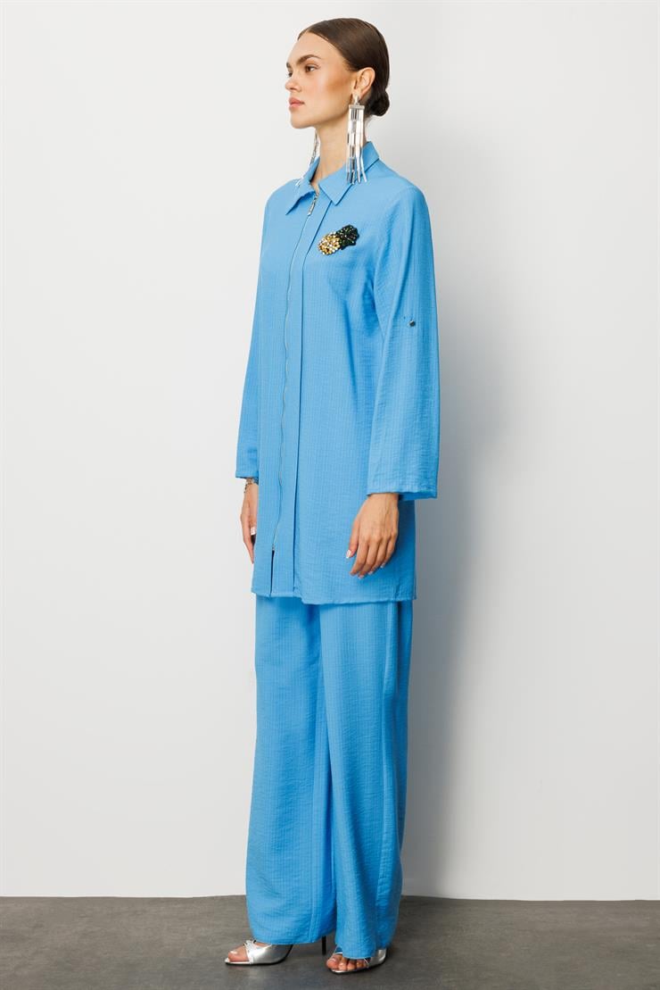 Modailgi  Fermuar Kapamalı Aksesuar Detaylı Safari Kol Tunik Mavi