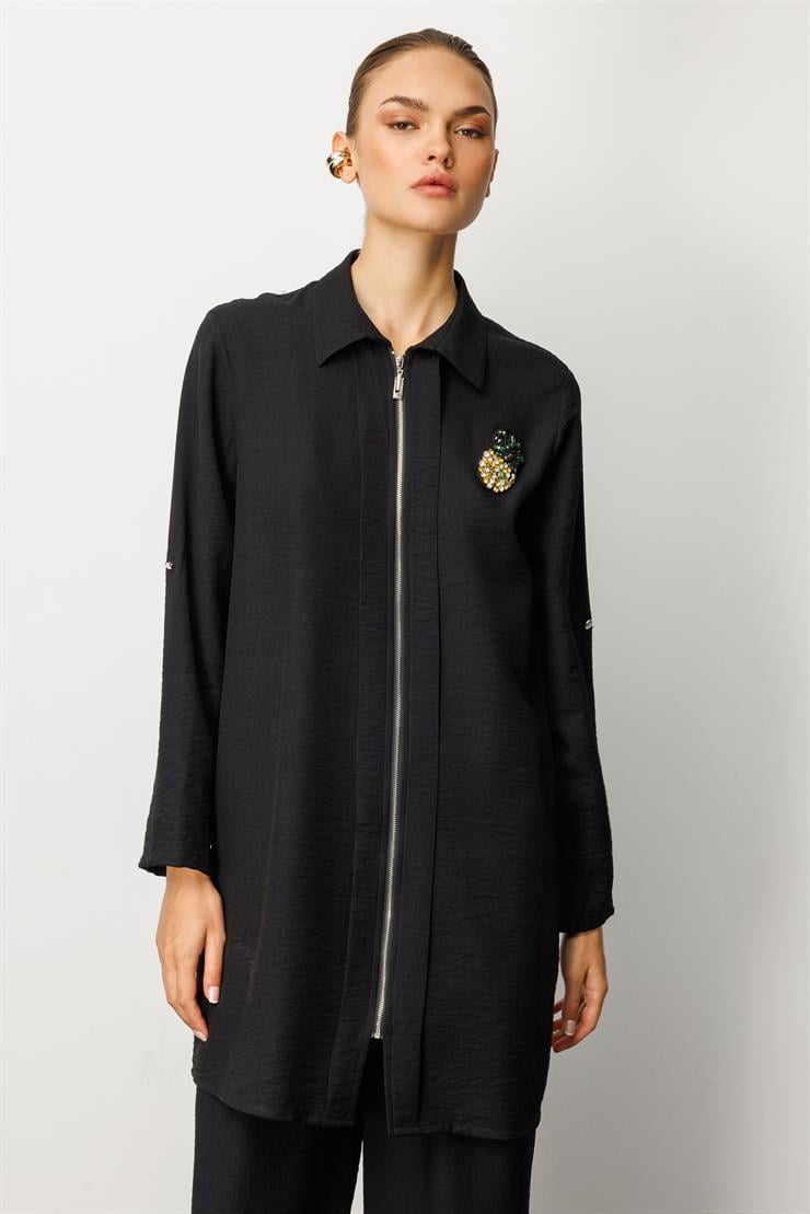 Modailgi  Fermuar Kapamalı Aksesuar Detaylı Safari Kol Tunik Siyah