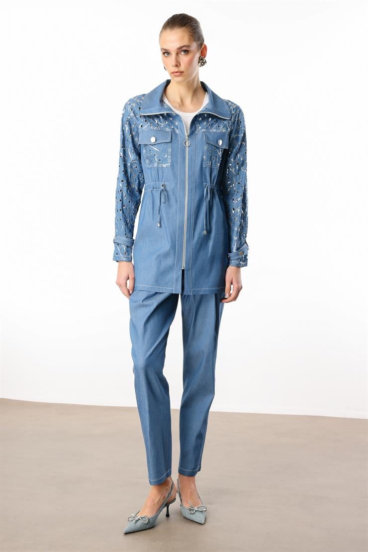 Modailgi  Fermuar Kapamalı Beli Tünelli Rahat Kesim Tunik - 40033 Mavi