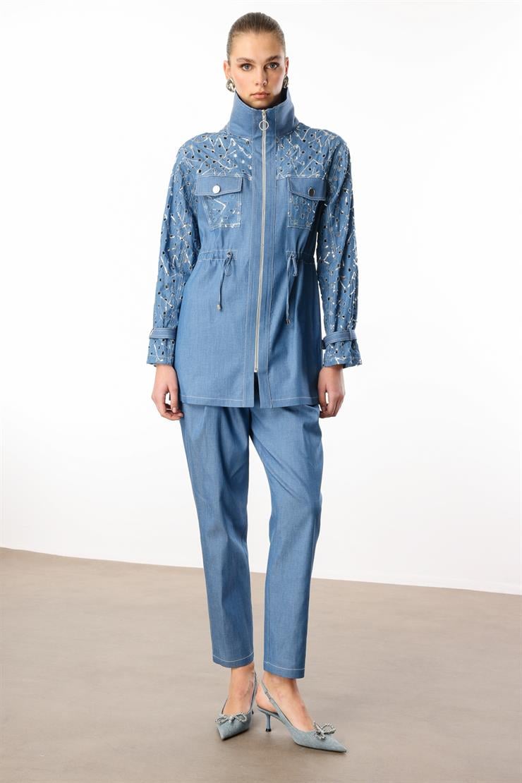 Modailgi  Fermuar Kapamalı Beli Tünelli Rahat Kesim Tunik - 40033 Mavi