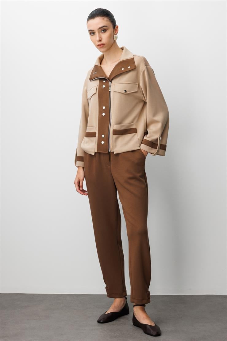 Modailgi  Fermuar Kapamalı Düşük Kol Cep Ve Apolet Detaylı Kısa Devrik Yaka Gömlek - 40064 Vizon