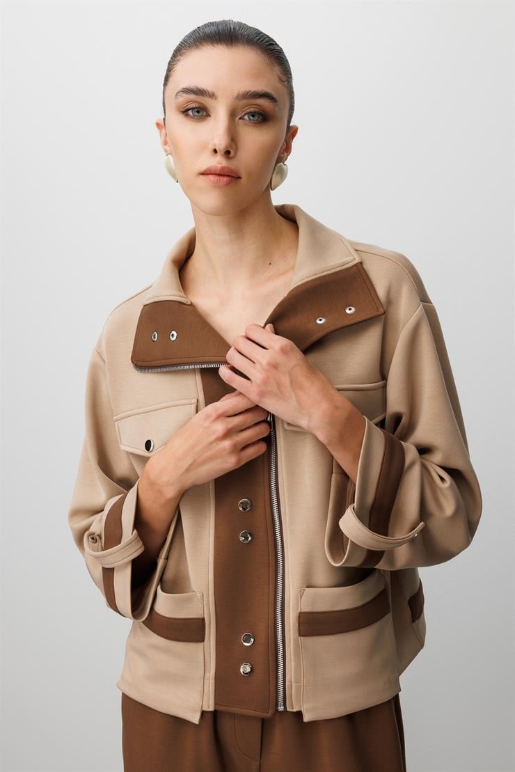 Modailgi  Fermuar Kapamalı Düşük Kol Cep Ve Apolet Detaylı Kısa Devrik Yaka Gömlek - 40064 Vizon