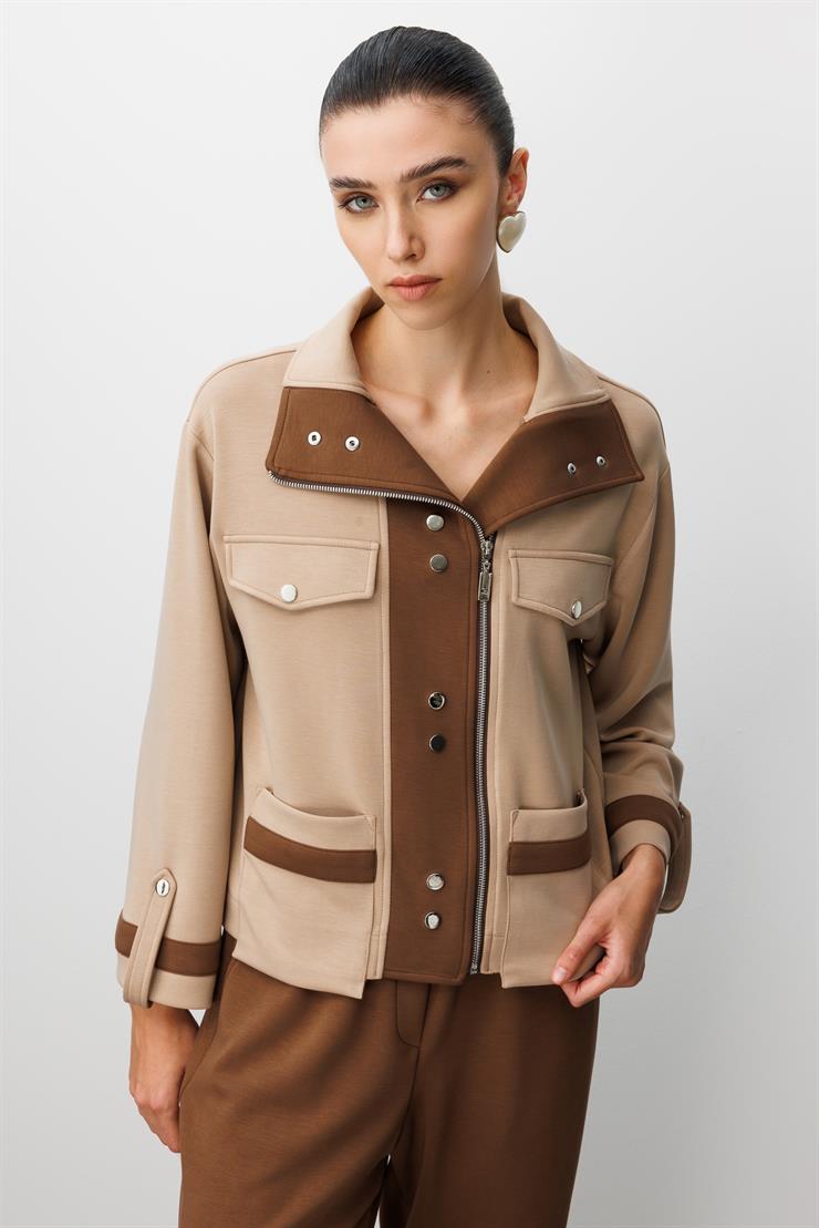 Modailgi  Fermuar Kapamalı Düşük Kol Cep Ve Apolet Detaylı Kısa Devrik Yaka Gömlek - 40064 Vizon