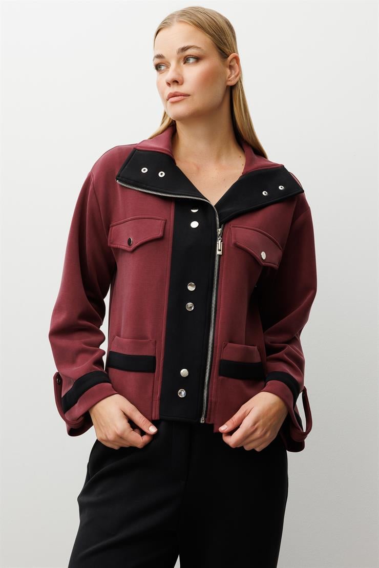 Modailgi  Fermuar Kapamalı Düşük Kol Cep Ve Apolet Detaylı Kısa Devrik Yaka Gömlek - 40064 Bordo