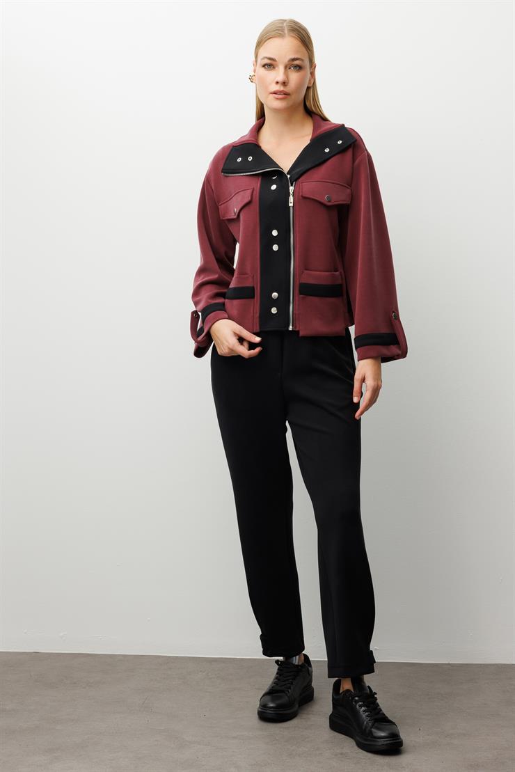 Modailgi  Fermuar Kapamalı Düşük Kol Cep Ve Apolet Detaylı Kısa Devrik Yaka Gömlek - 40064 Bordo