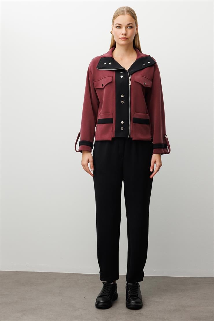 Modailgi  Fermuar Kapamalı Düşük Kol Cep Ve Apolet Detaylı Kısa Devrik Yaka Gömlek - 40064 Bordo