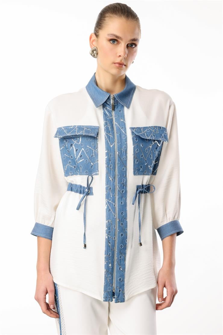 Modailgi  Fermuar Kapamalı Düz ve Pullu Tencel Kumaş Garnili Tunik Orijinal